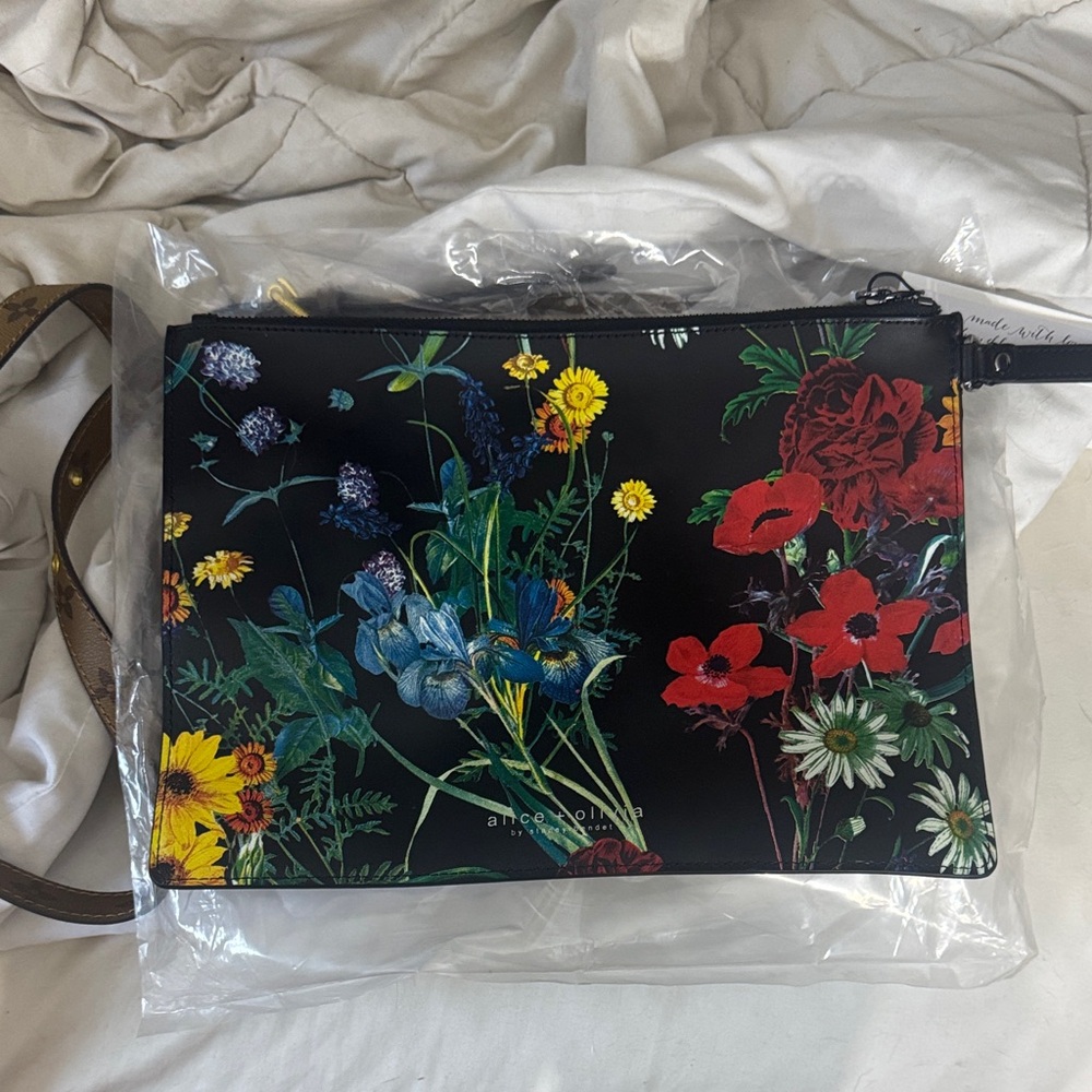 Alice + Olivia Black Floral Wristlet with Multicolor Blooms